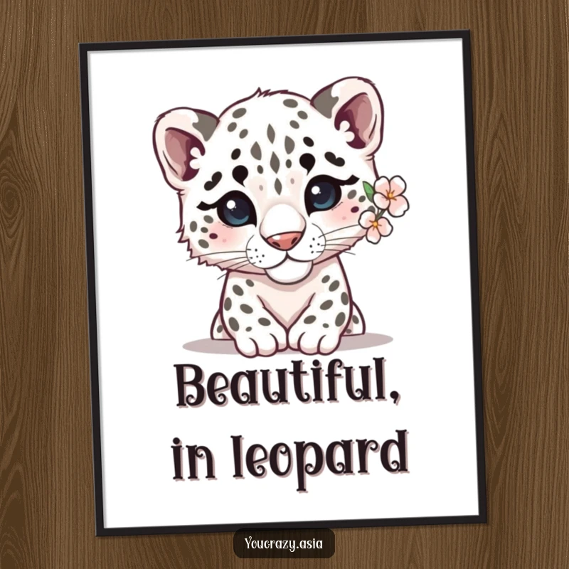 Funny Free Printable Wall Art: Shy snow leopard with delicate flower peeking out, serene mountain creature.