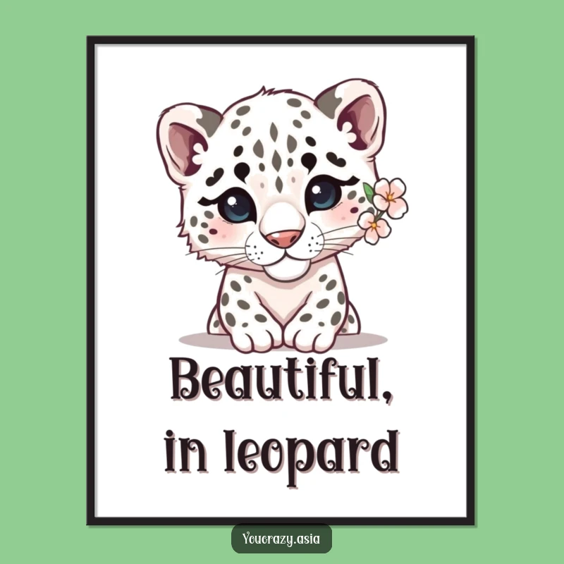 Free Printable Wall Art: Shy Snow Leopard Flower Design, Downloadable Art Gift