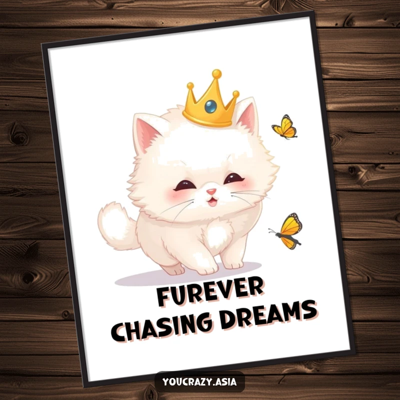Funny Free Printable Wall Art: Fluffy white cat in golden crown chasing a butterfly, regal and whimsical.