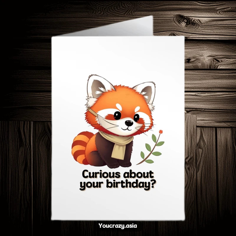 Funny Free Printable Birthday Card: A masked red panda observes curiously, a unique and downloadable birthday greeting.
