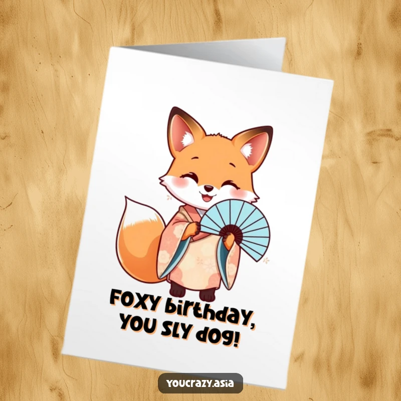 Funny Free Printable Birthday Card: A fox in a kimono holds a fan, a graceful and downloadable birthday greeting.