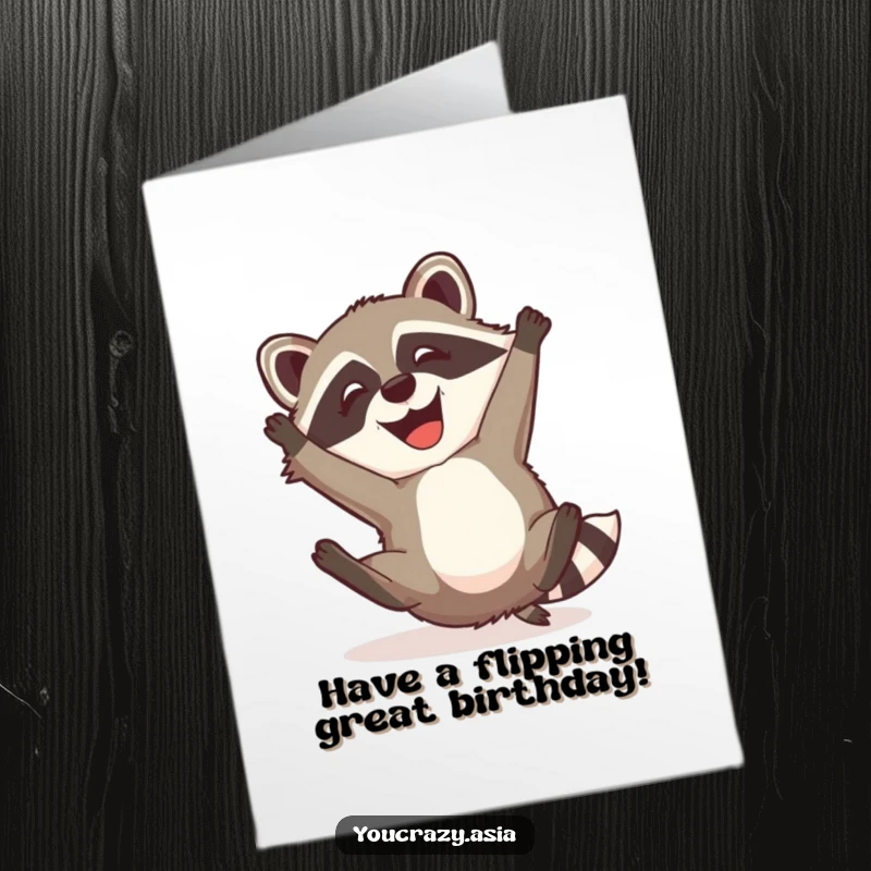 Funny Free Printable Happy Birthday Card: Mischievous raccoon dog with a happy grin doing a somersault.