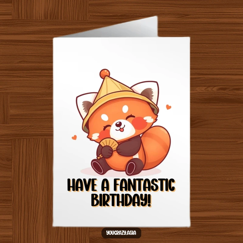 Funny Free Printable Happy Birthday Card: Playful red panda in conical hat tumbling with a tiny fan.