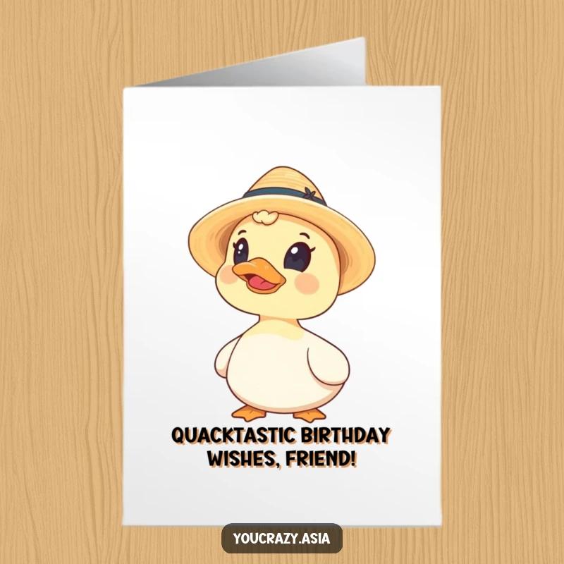 Funny Free Printable Birthday Card of a curious duck in a small straw hat looking up, perfect for a downloadable DIY gift.