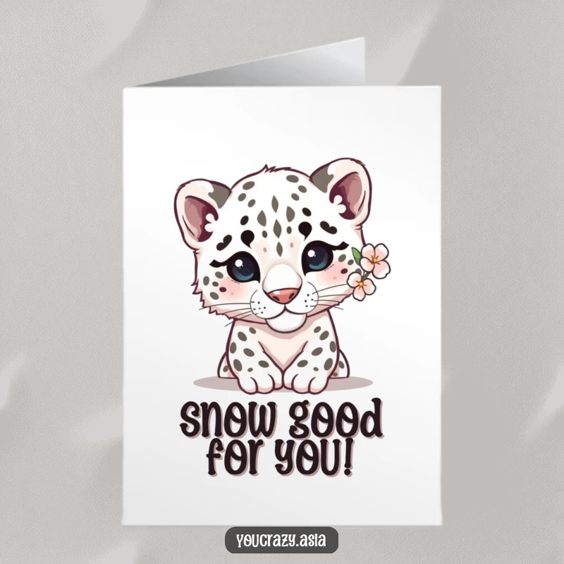 Funny Free Printable Birthday Card: Shy snow leopard with flower peeking out, gentle birthday wish.