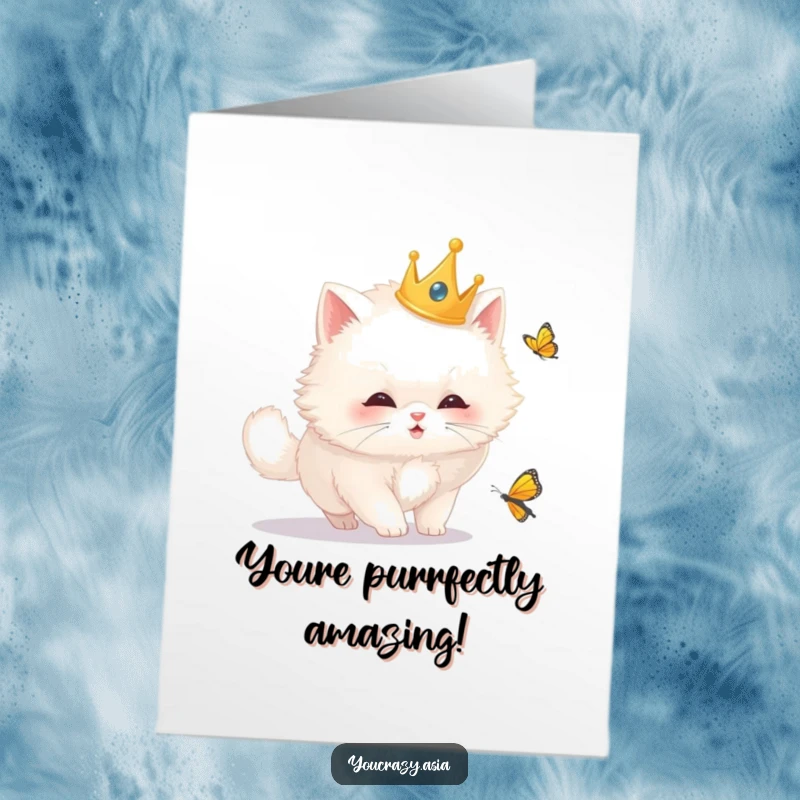 Funny Free Printable Congratulations Card: Majestic cat in crown celebrating success, playful chase!