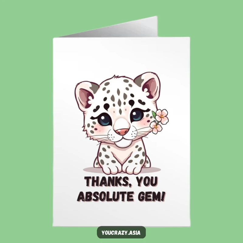 Free Printable Thank You Card: Shy Snow Leopard Flower Design, Downloadable Gift