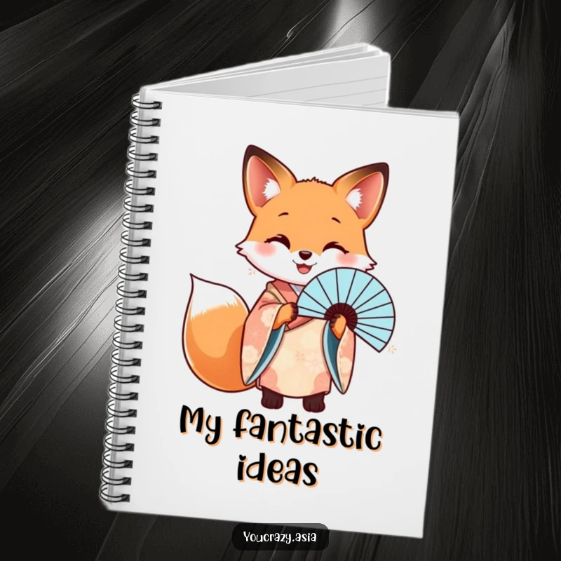 Funny notebook cover featuring a happy fox in a patterned kimono, elegantly holding a beautiful fan.