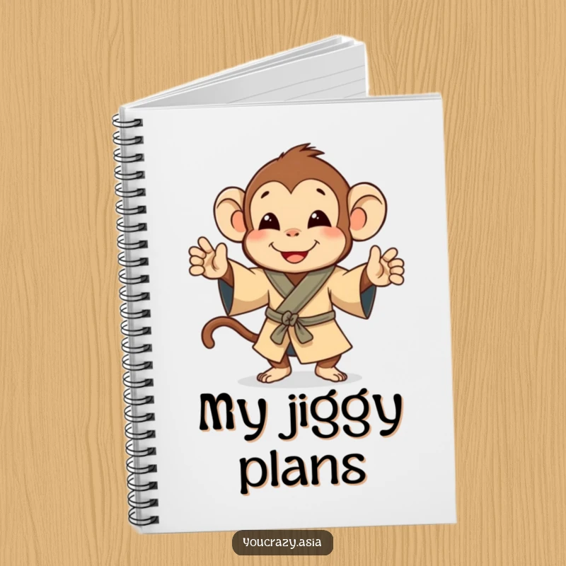 Funny notebook cover featuring a playful monkey in a small robe, happily doing a little jig.