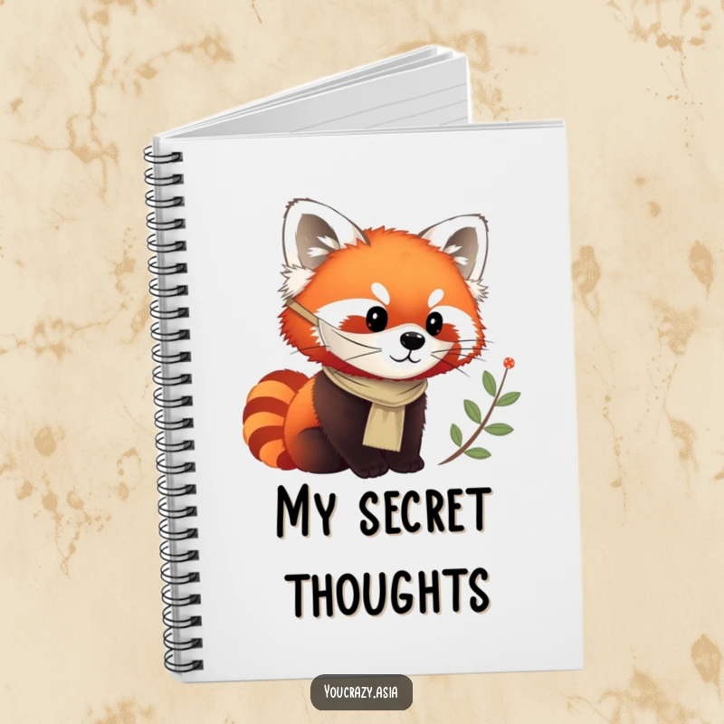 Funny notebook cover featuring a chirpy red panda in a silken mask, curiously observing.