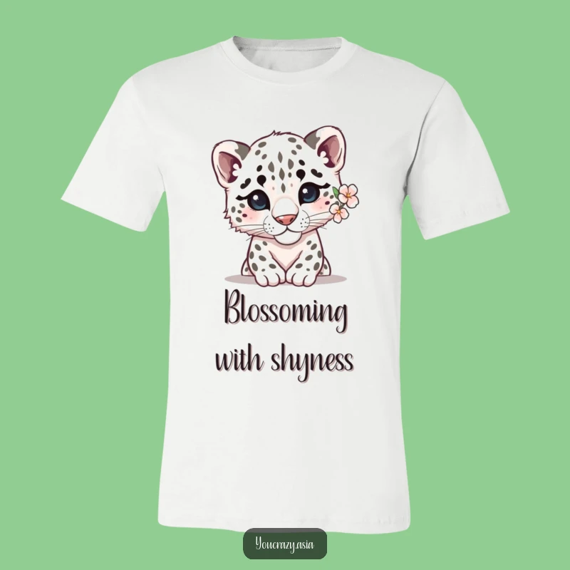 Funny Shy Snow Leopard T-Shirt: Delicate Flower Friend, Subtle Humor, Perfect Funny Gift
