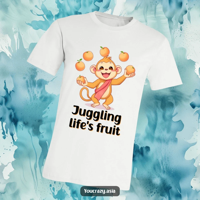 Funny Juggling Monkey T-Shirt: A cheerful golden monkey in a silk sash enthusiastically juggles peaches, showcasing a lively and humorous spirit.