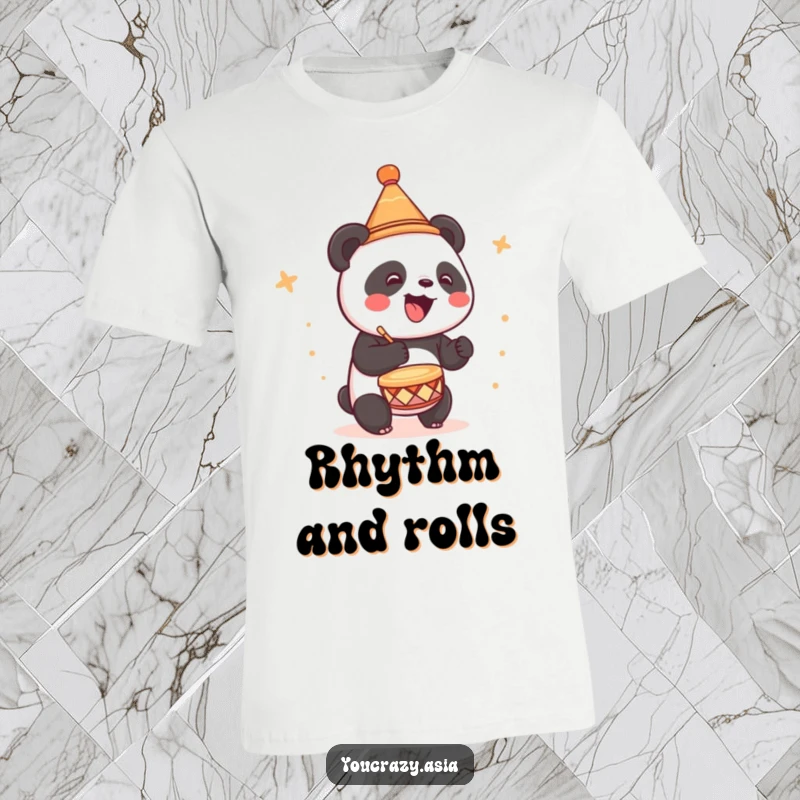 Funny t-shirt with a cute panda in a tiny party hat, happily drumming a beat with excitement.