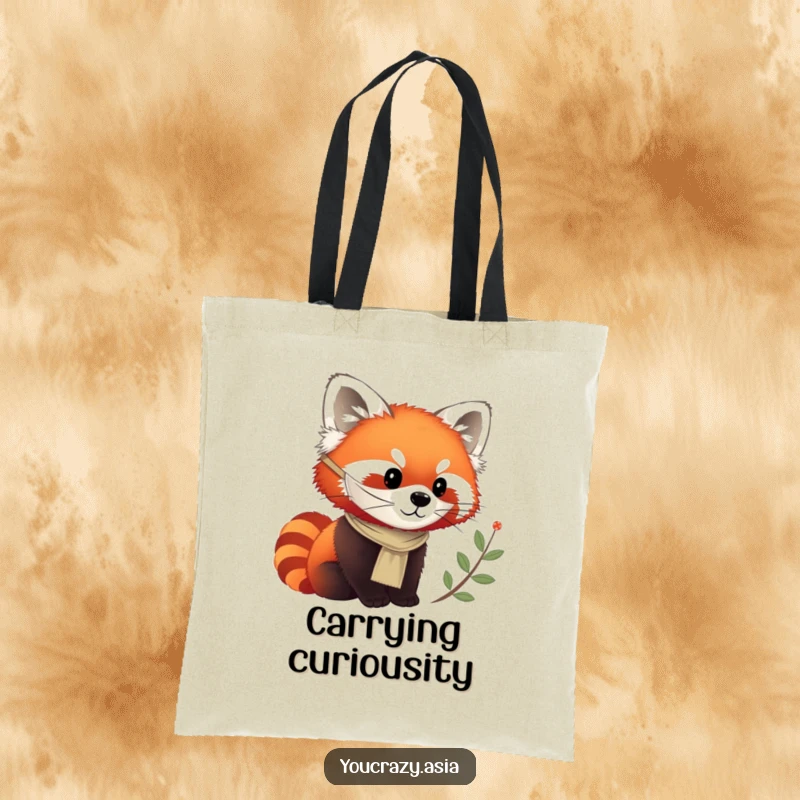 Funny tote bag showing a chirpy red panda in a silken mask, curiously observing with keen eyes.