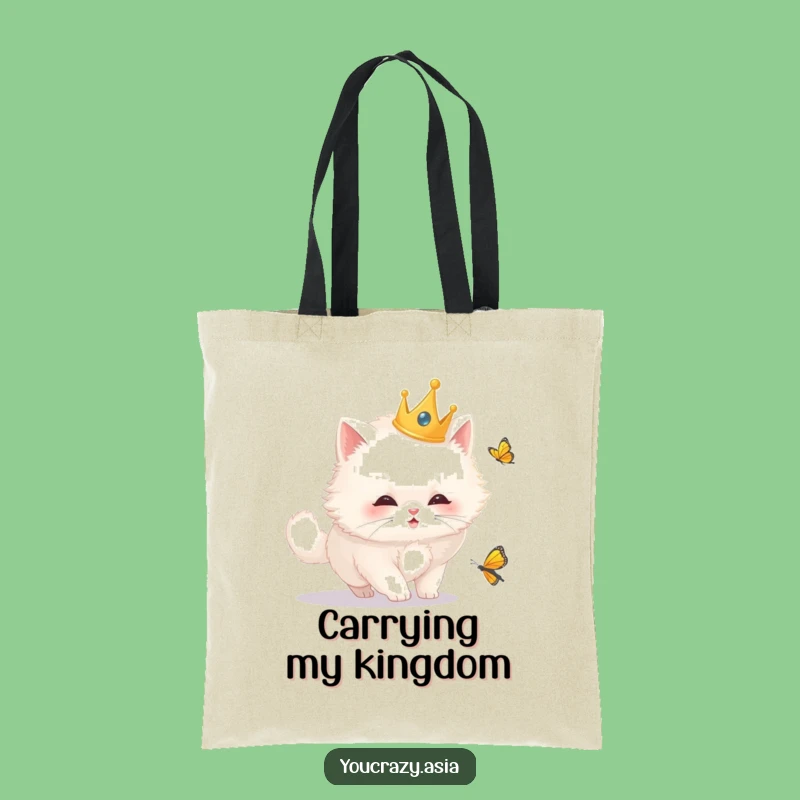 Funny Royal Cat Tote Bag: Chic Crowned Kitty Butterfly Chase, Stylish and Funny Gift Accessory