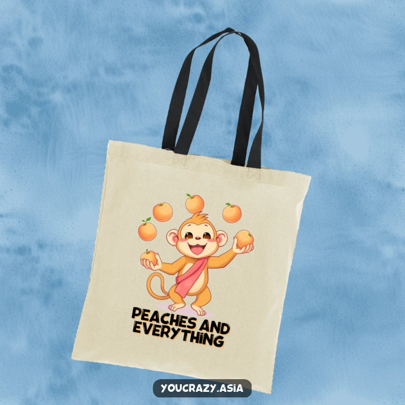 Funny Juggling Monkey Tote Bag: A cheerful golden monkey in a silk sash enthusiastically juggles peaches, making this bag a fun and functional accessory.